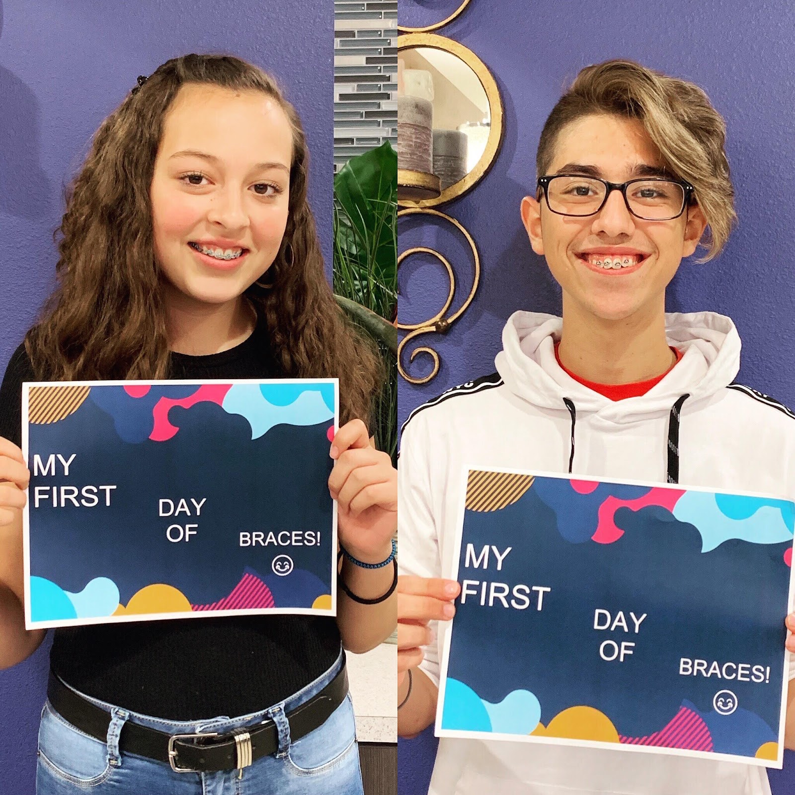 Two happy teen patients holding 'My First Day of Braces' signs at Simply Smiles in Sarasota